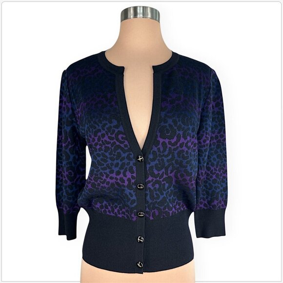 St. John Black Purple Blue Animal Leopard Print Button Front Cardigan Sweater P - Picture 2 of 4